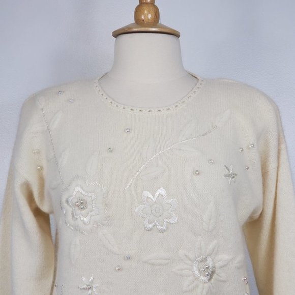 Vintage Spice of Life Cream Beaded Embroidered Lambs Wool Angora Sweater M - Picture 2 of 15